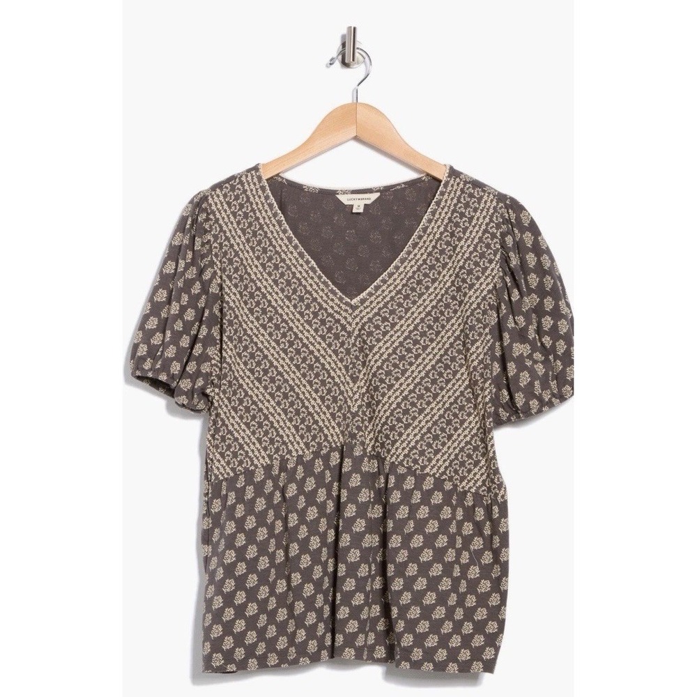 Lucky Brand V Neck Shirt Mix Print Plus Size 2x * Brown White Floral Design NWT